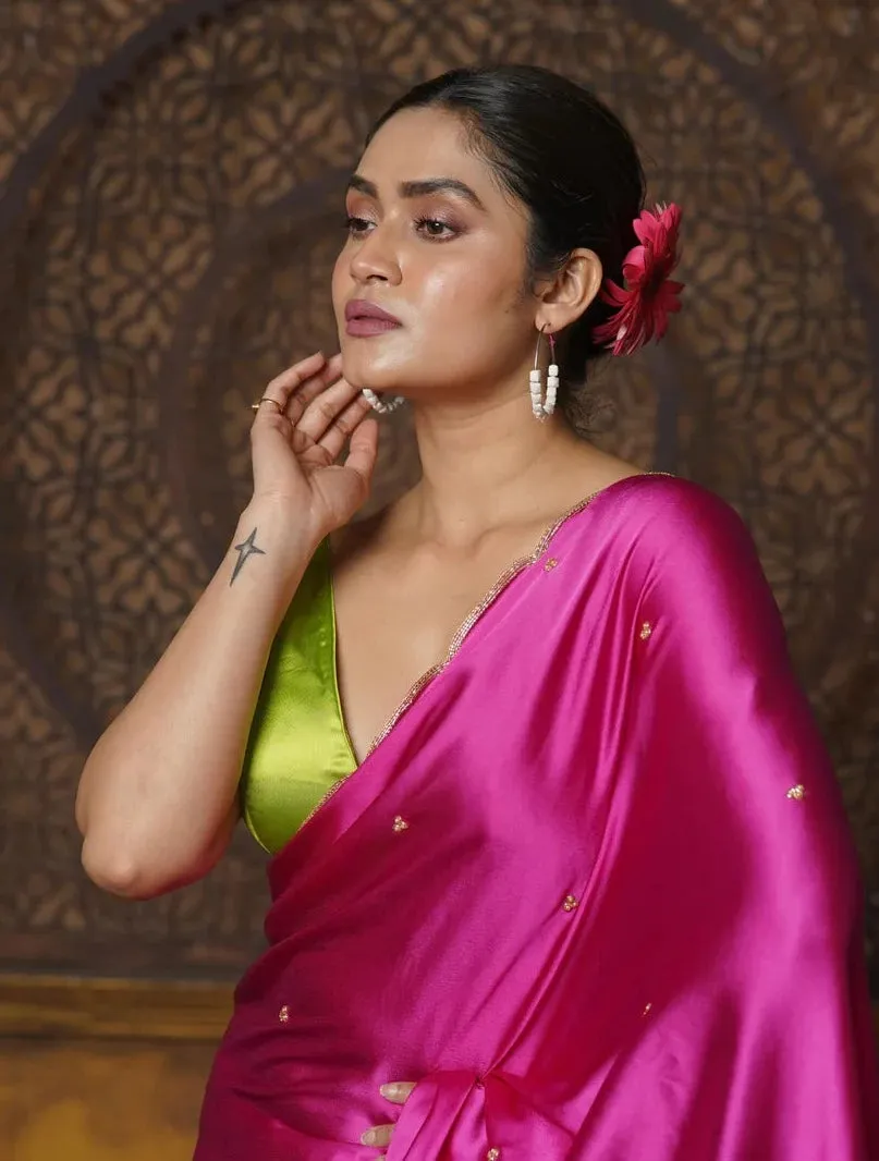 Hot Pink Satin Silk Saree With Hand Embroidered Scalloping