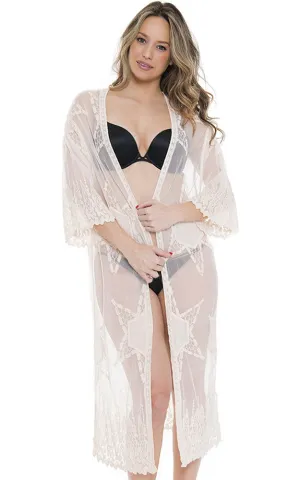 JP1608 Full Sheer Star Embroidered Lace Long Mesh Kimono