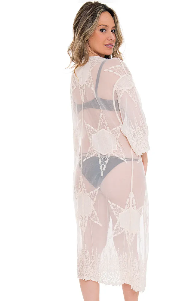 JP1608 Full Sheer Star Embroidered Lace Long Mesh Kimono