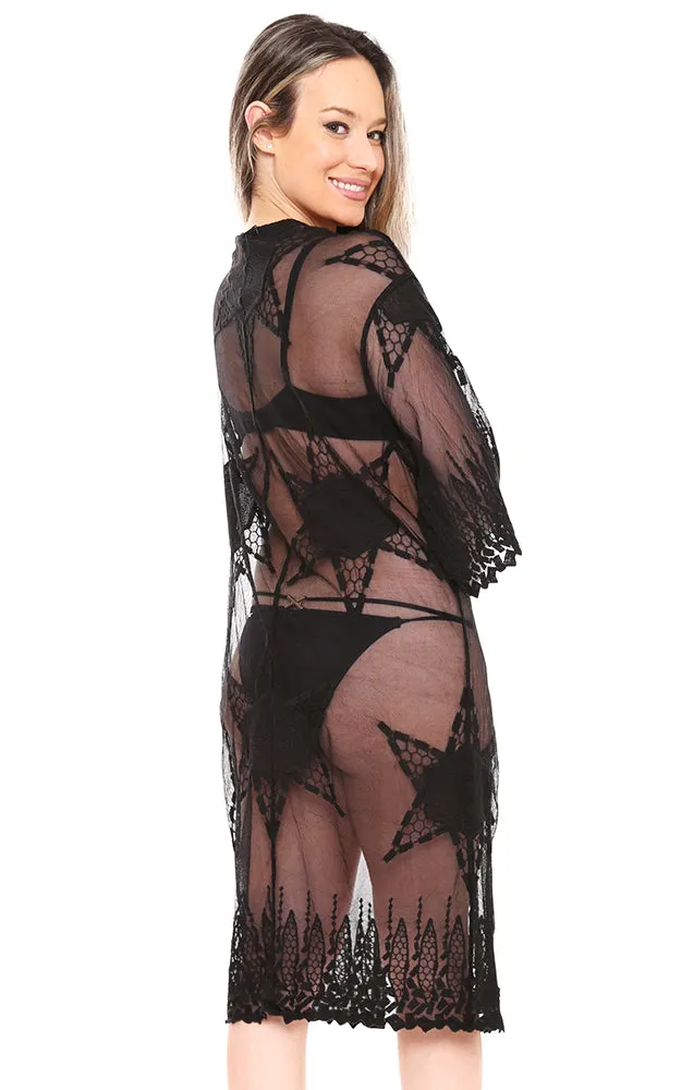 JP1608 Full Sheer Star Embroidered Lace Long Mesh Kimono
