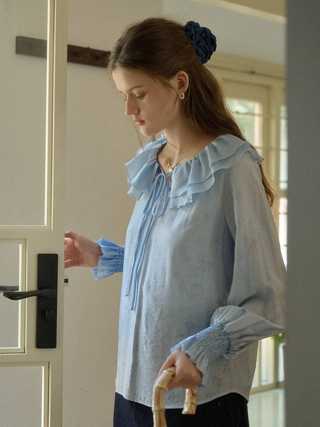 Kelsey Bamboo Leaf Printed Double-layer Ruffle Collar Tie-Up Lantern Sleeve Trim Blouse (with Lined Top) - Blue