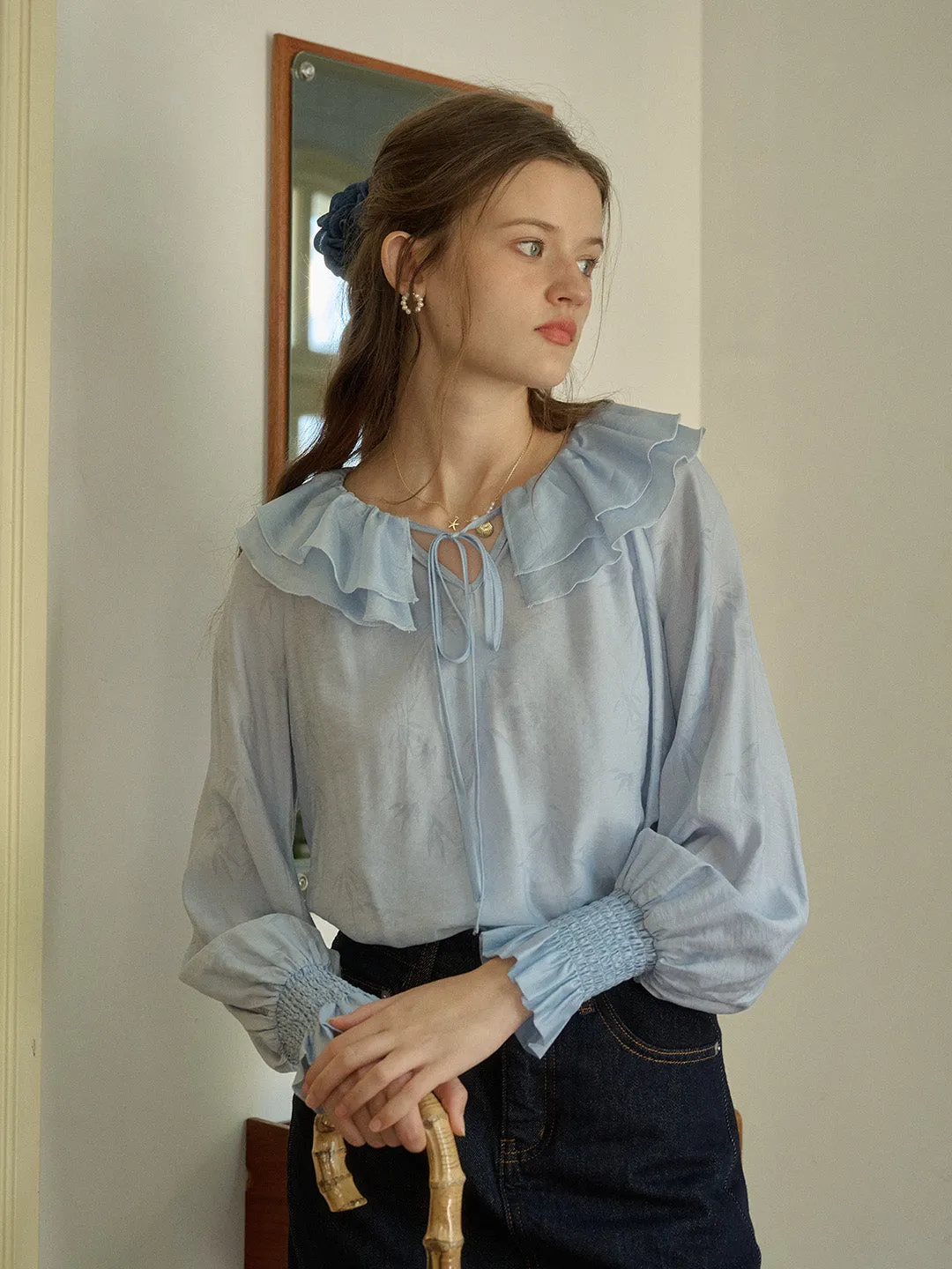 Kelsey Bamboo Leaf Printed Double-layer Ruffle Collar Tie-Up Lantern Sleeve Trim Blouse (with Lined Top) - Blue
