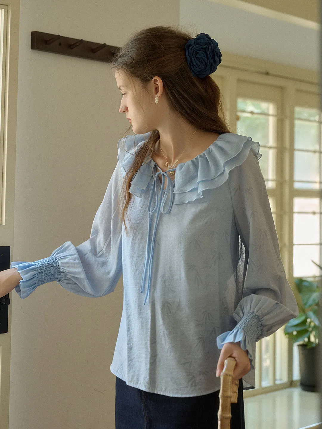 Kelsey Bamboo Leaf Printed Double-layer Ruffle Collar Tie-Up Lantern Sleeve Trim Blouse (with Lined Top) - Blue