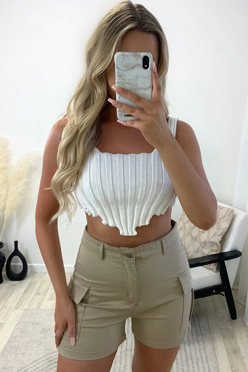 Laural Beige High Waisted Cargo Pocket Detail Shorts