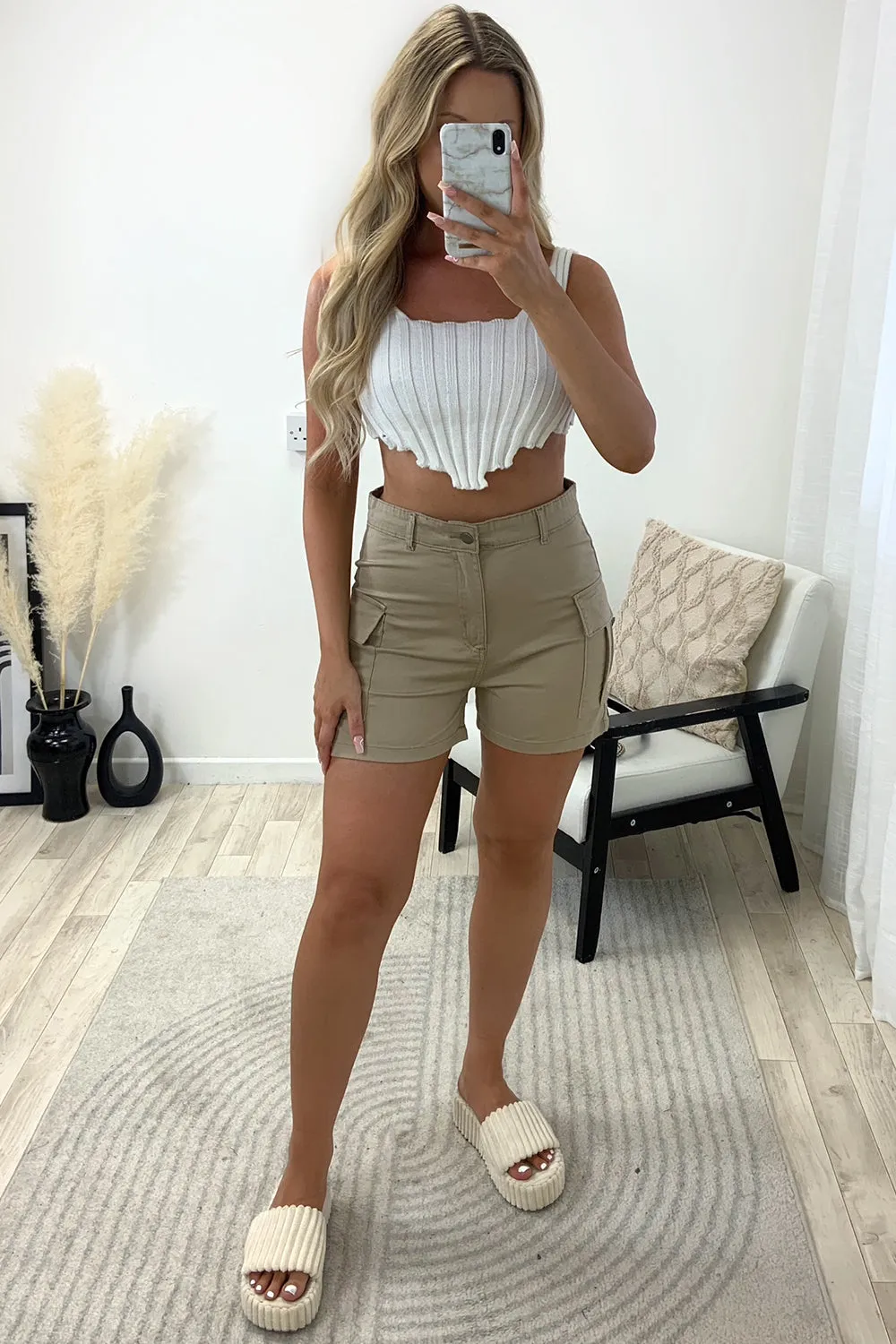 Laural Beige High Waisted Cargo Pocket Detail Shorts