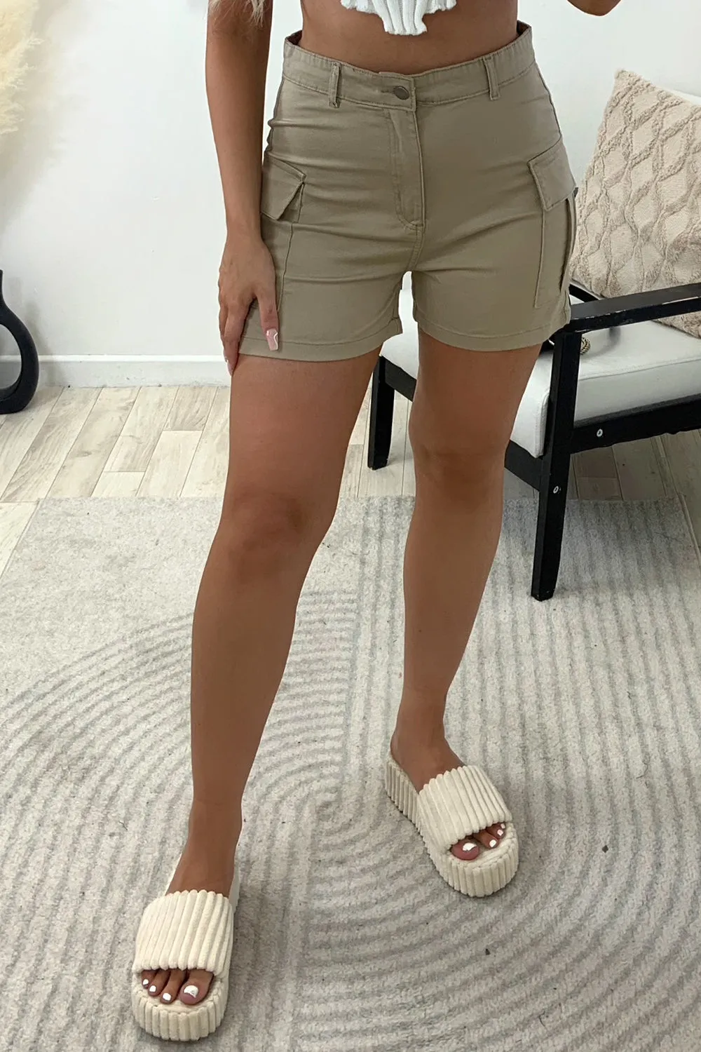 Laural Beige High Waisted Cargo Pocket Detail Shorts