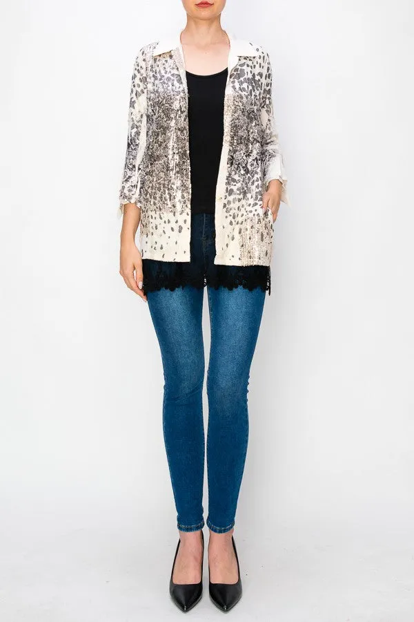 Leo Rose Button Up Blouse with Sequin and Lace Detail