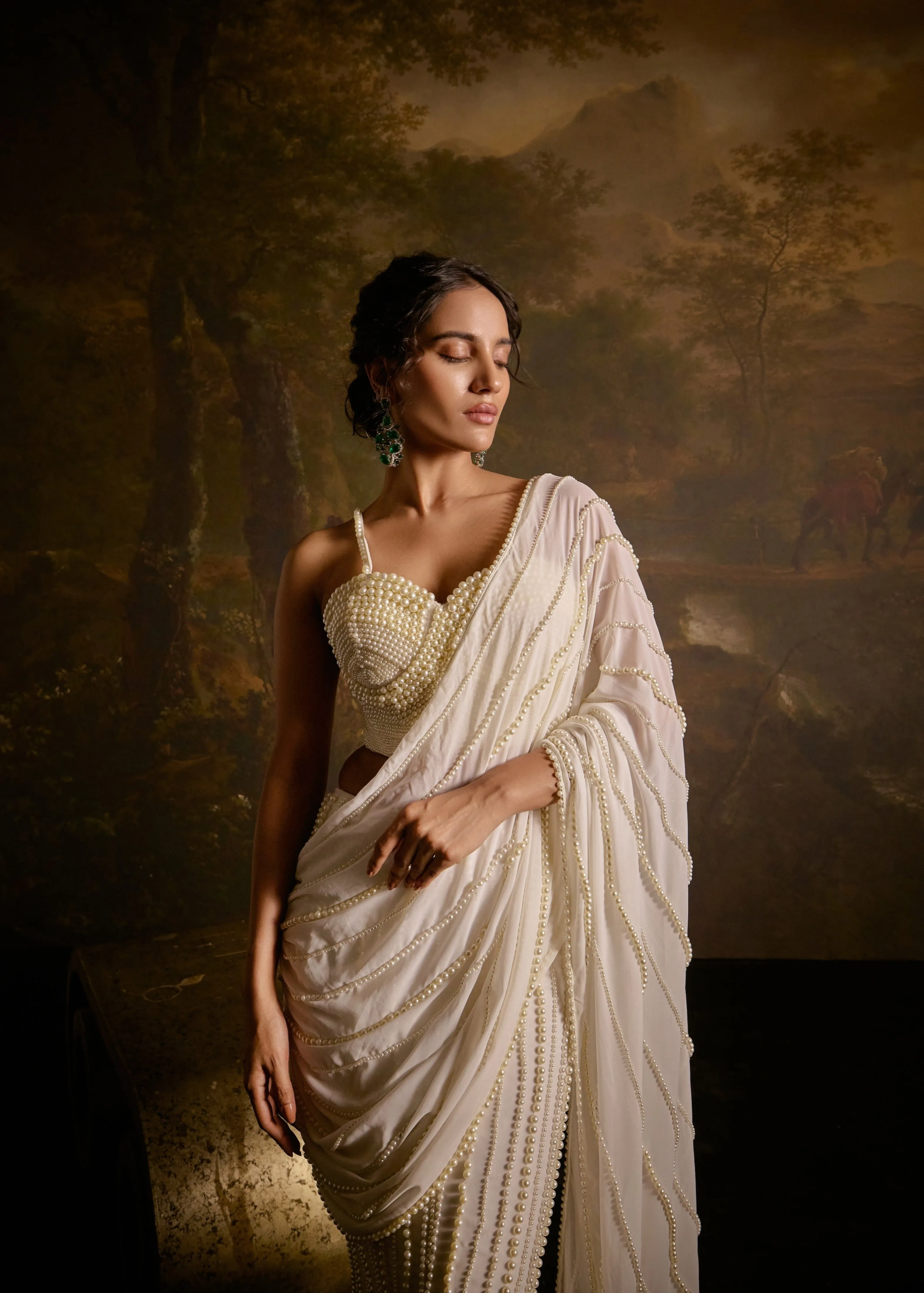 Mahima White Pearl Embroidered Saree