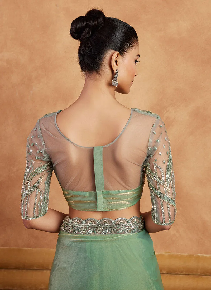 Mint Green Sequence Wedding Silk Saree