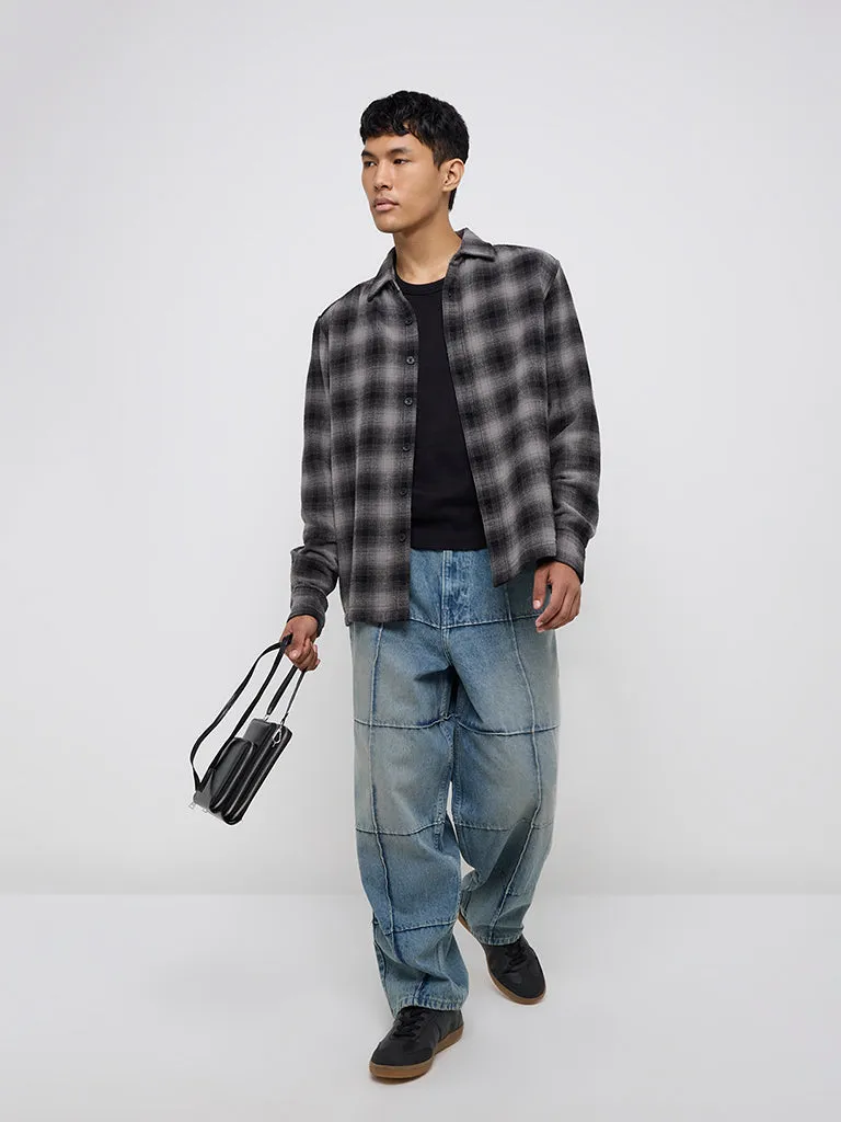 Nuon Black Checks Patterned Relaxed-Fit Cotton Shirt