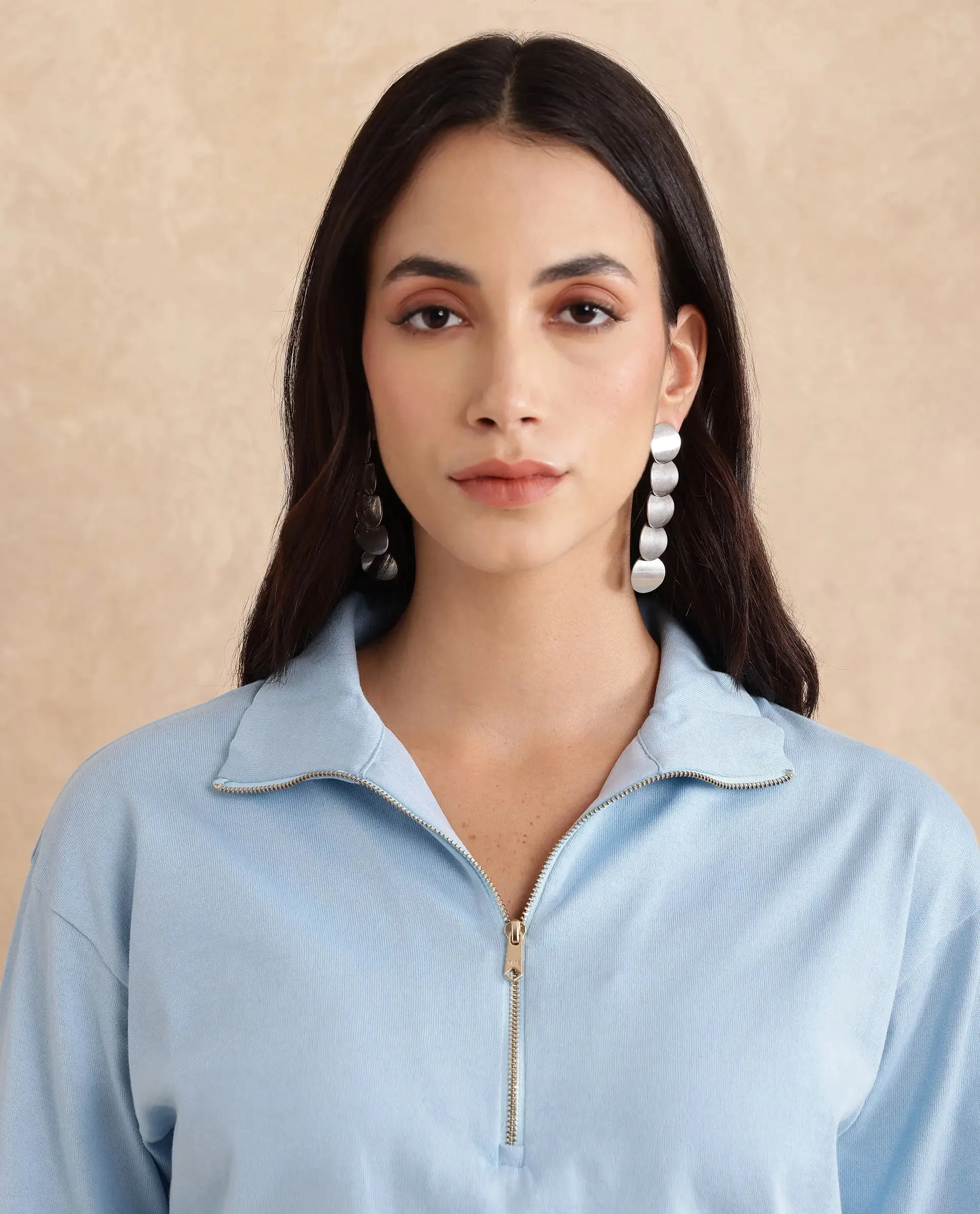 Rareism Women Velma Light Blue Full Sleeve Collared Neck Zipper Closure Relaxed Fit Cropped Plain Top