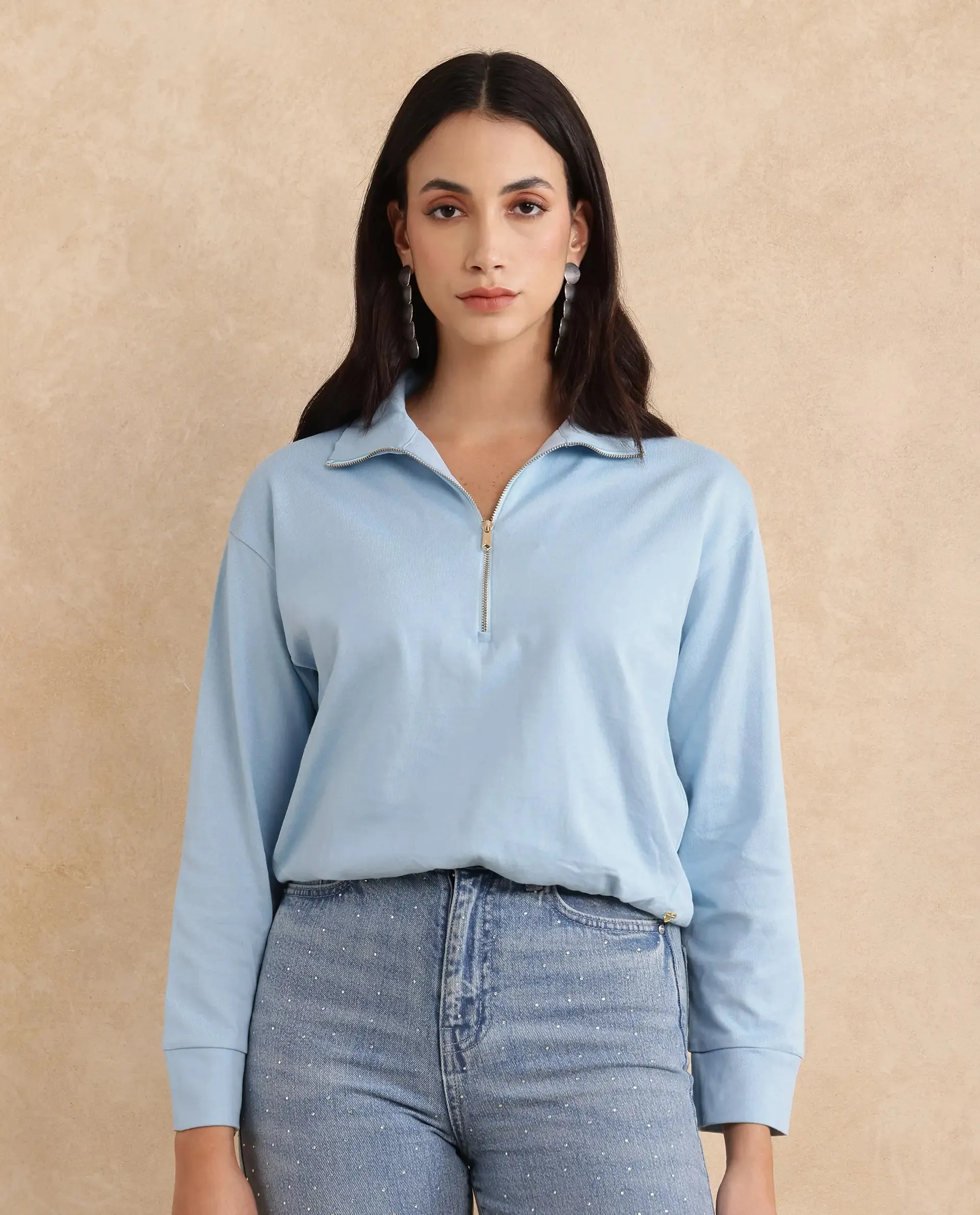 Rareism Women Velma Light Blue Full Sleeve Collared Neck Zipper Closure Relaxed Fit Cropped Plain Top