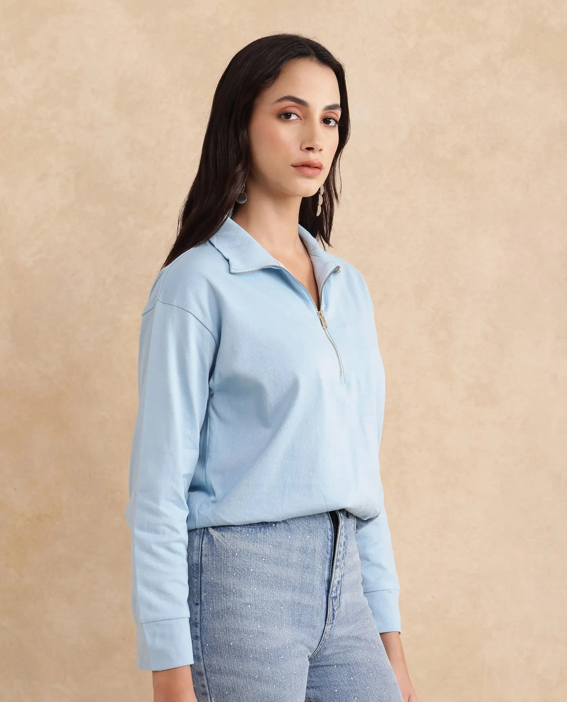 Rareism Women Velma Light Blue Full Sleeve Collared Neck Zipper Closure Relaxed Fit Cropped Plain Top