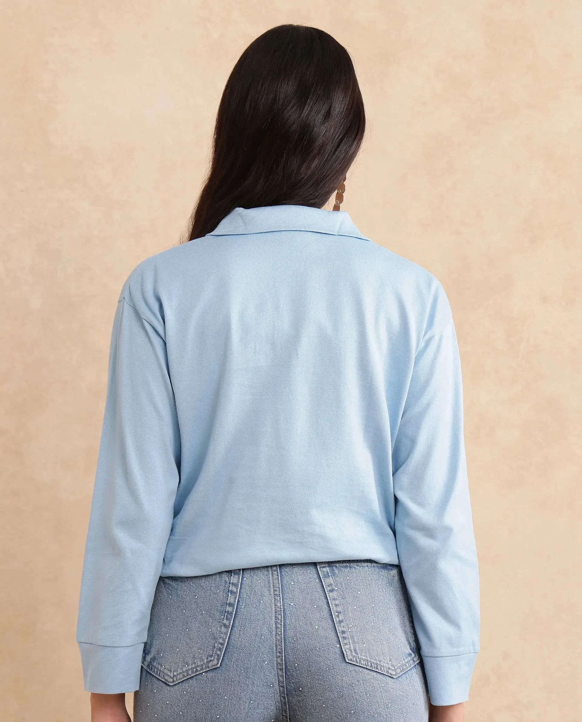 Rareism Women Velma Light Blue Full Sleeve Collared Neck Zipper Closure Relaxed Fit Cropped Plain Top