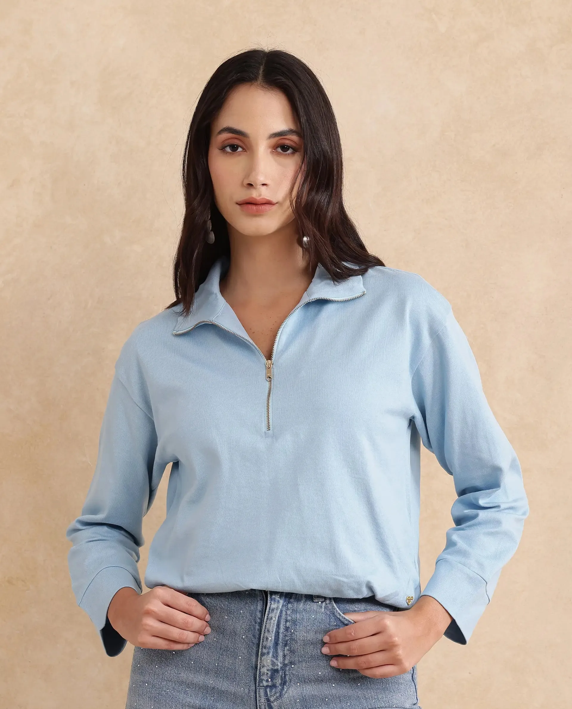 Rareism Women Velma Light Blue Full Sleeve Collared Neck Zipper Closure Relaxed Fit Cropped Plain Top