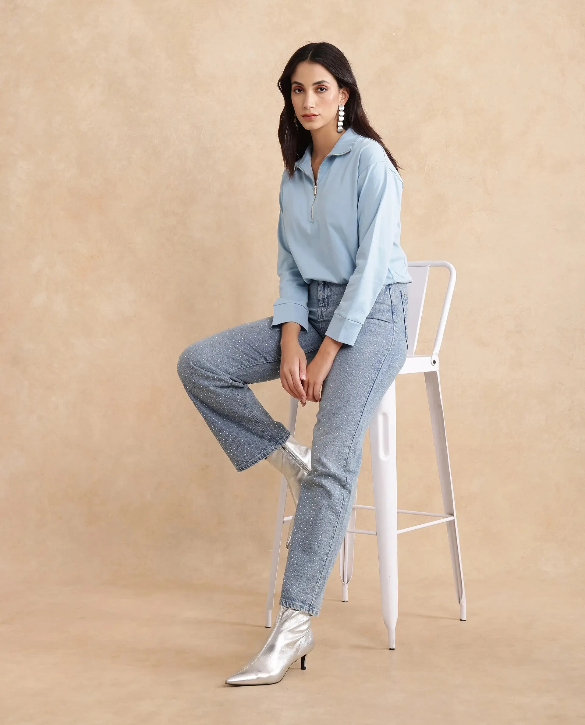 Rareism Women Velma Light Blue Full Sleeve Collared Neck Zipper Closure Relaxed Fit Cropped Plain Top