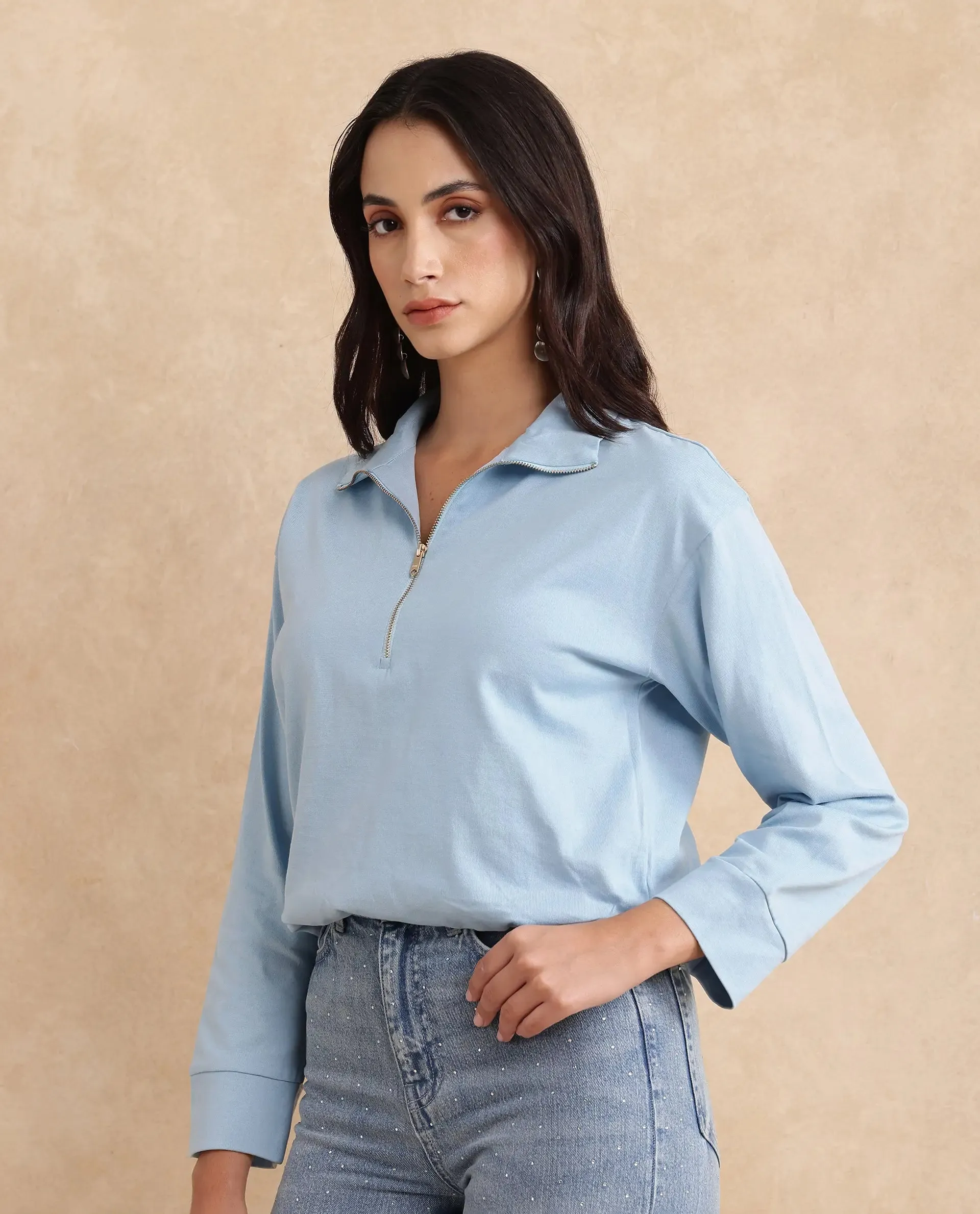 Rareism Women Velma Light Blue Full Sleeve Collared Neck Zipper Closure Relaxed Fit Cropped Plain Top