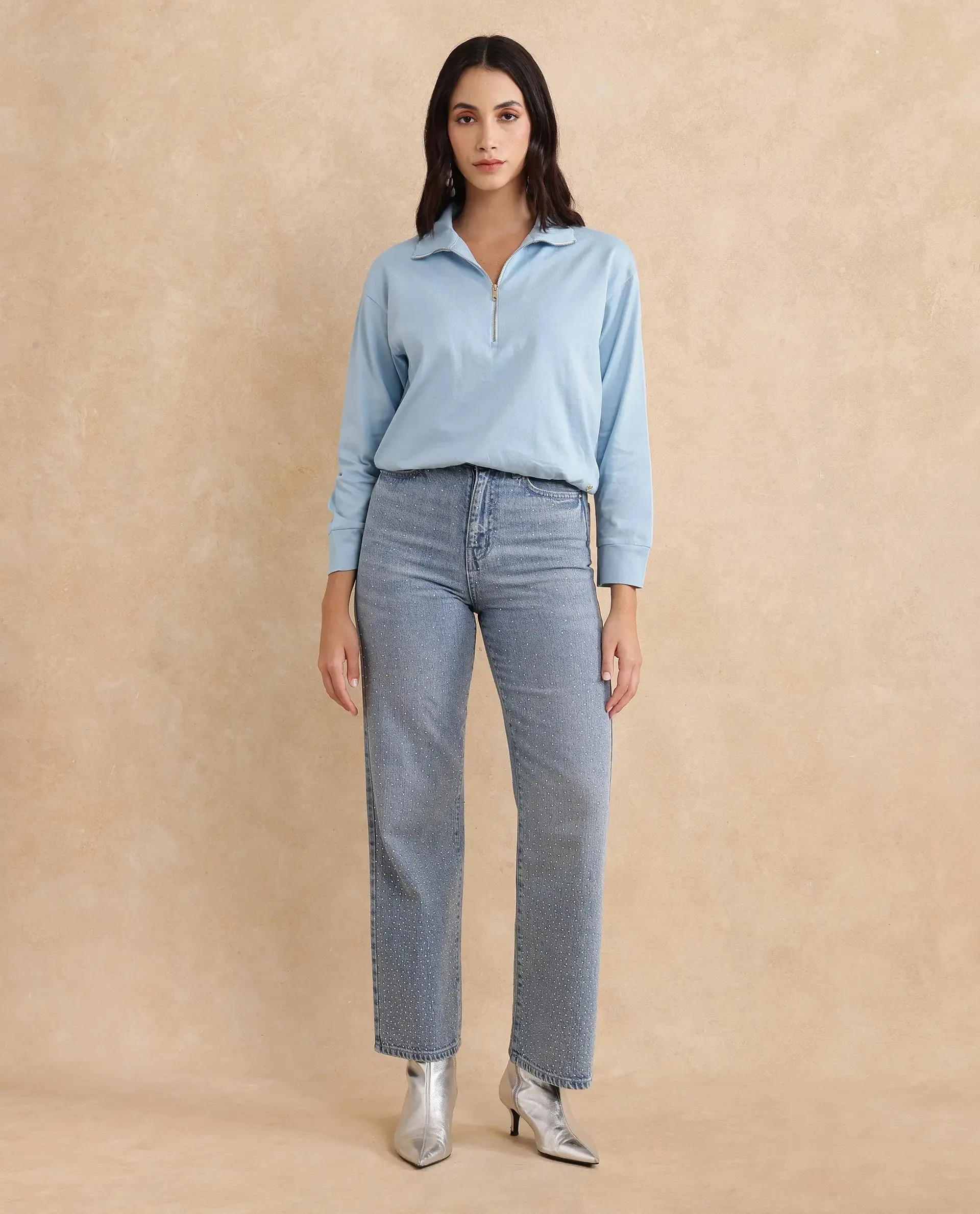 Rareism Women Velma Light Blue Full Sleeve Collared Neck Zipper Closure Relaxed Fit Cropped Plain Top