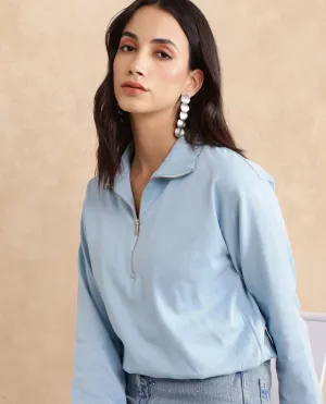Rareism Women Velma Light Blue Full Sleeve Collared Neck Zipper Closure Relaxed Fit Cropped Plain Top