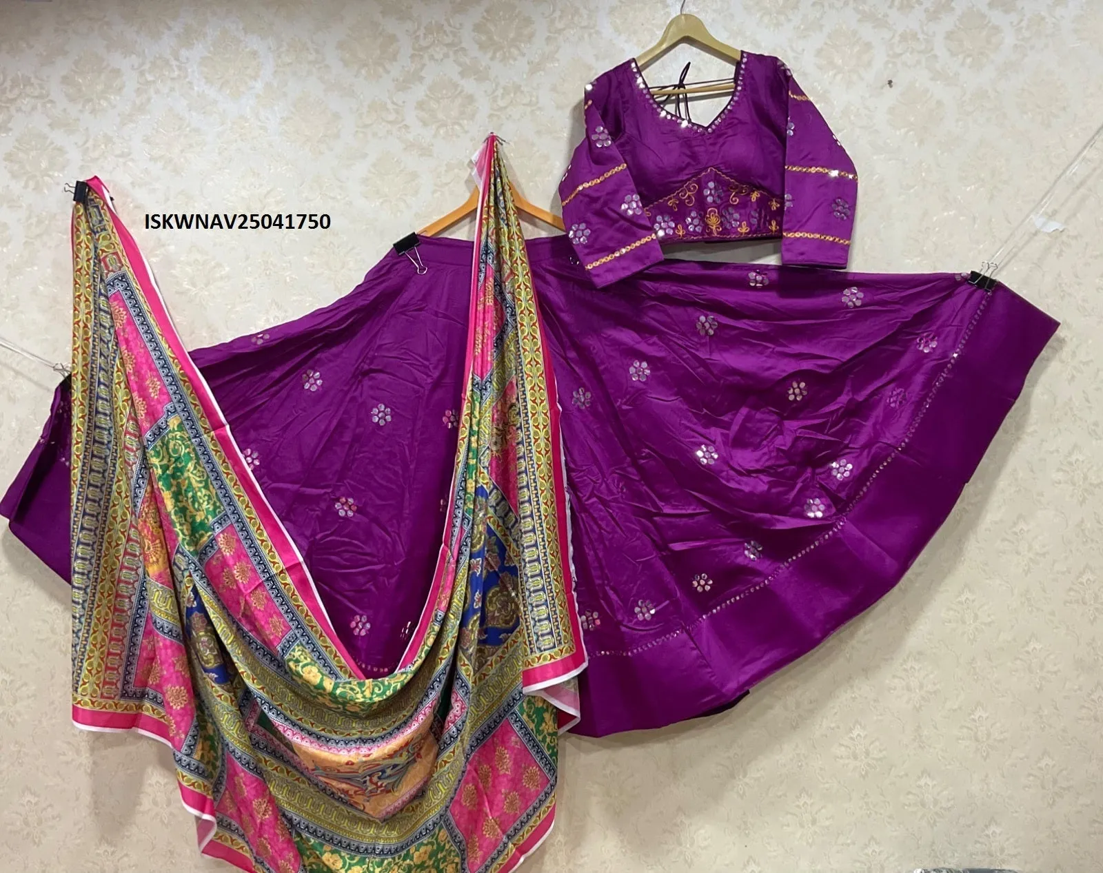 Satin Lehenga With Chinon Blouse And Printed Dupatta-ISKWNAV25041750