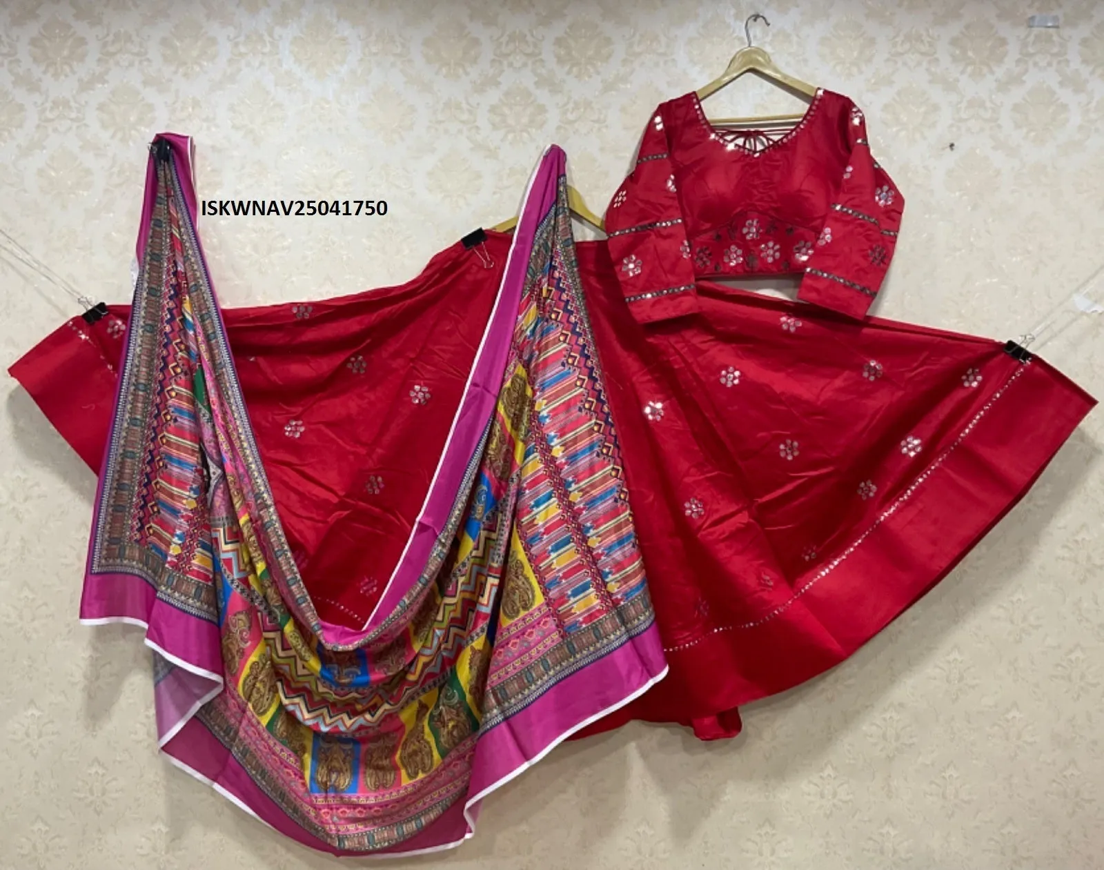 Satin Lehenga With Chinon Blouse And Printed Dupatta-ISKWNAV25041750