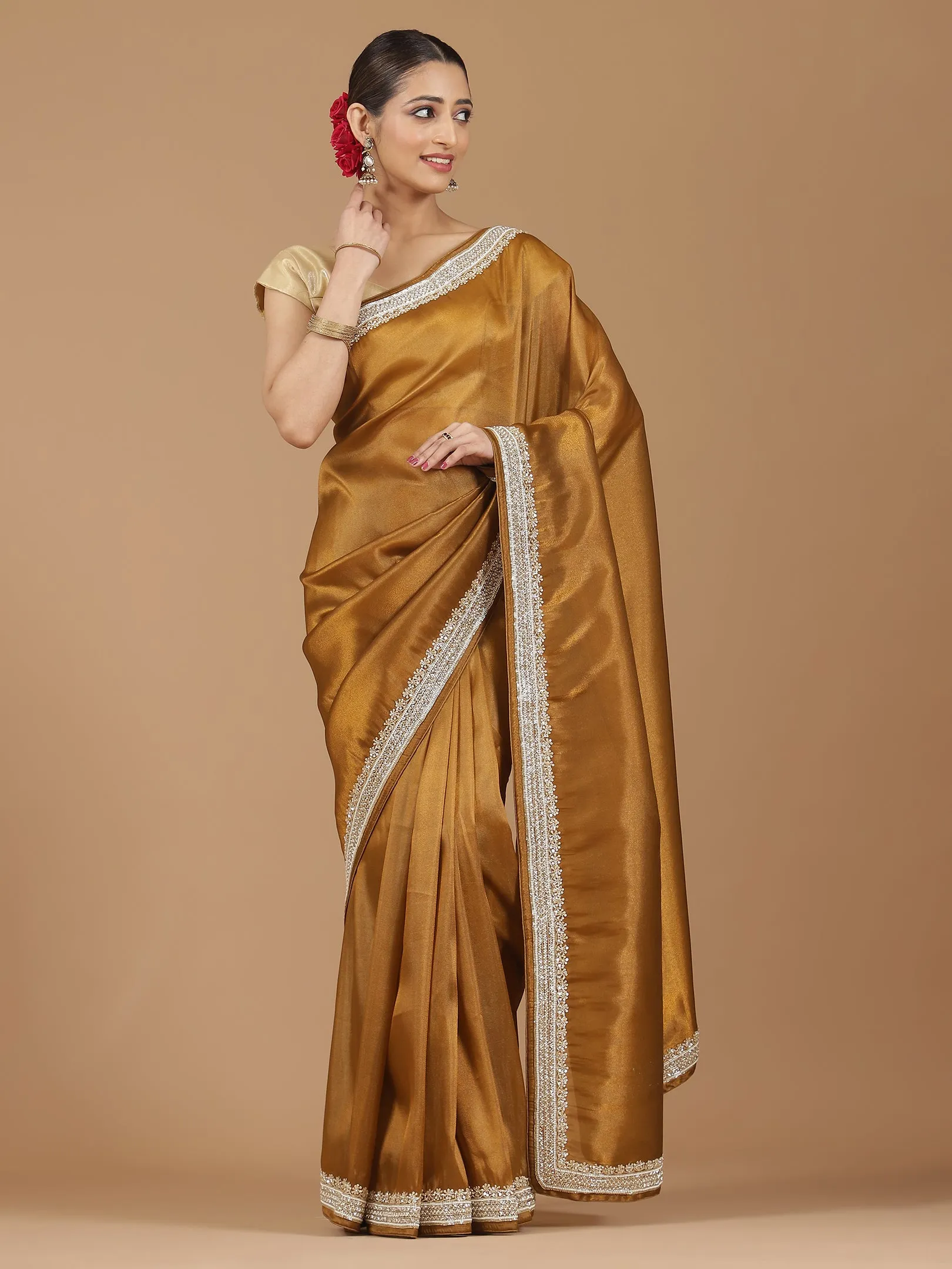 Satin Silk Saree with Delicate Stonework Border