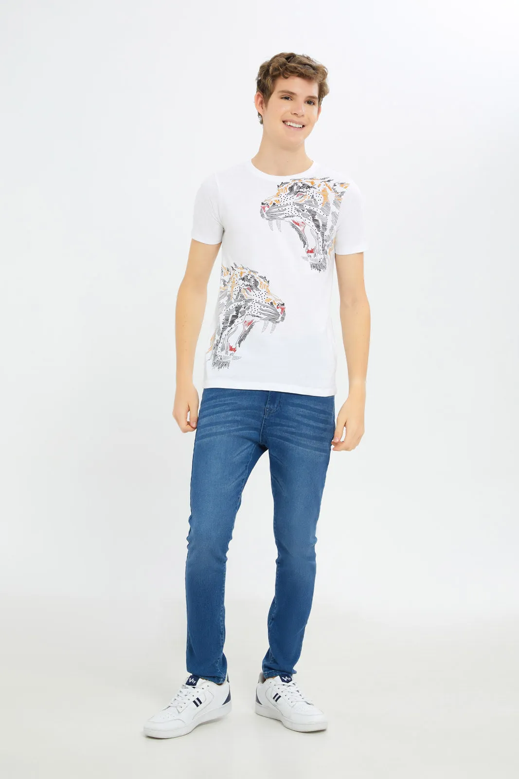 Senior Boys White Animal Face T-Shirt With Studs