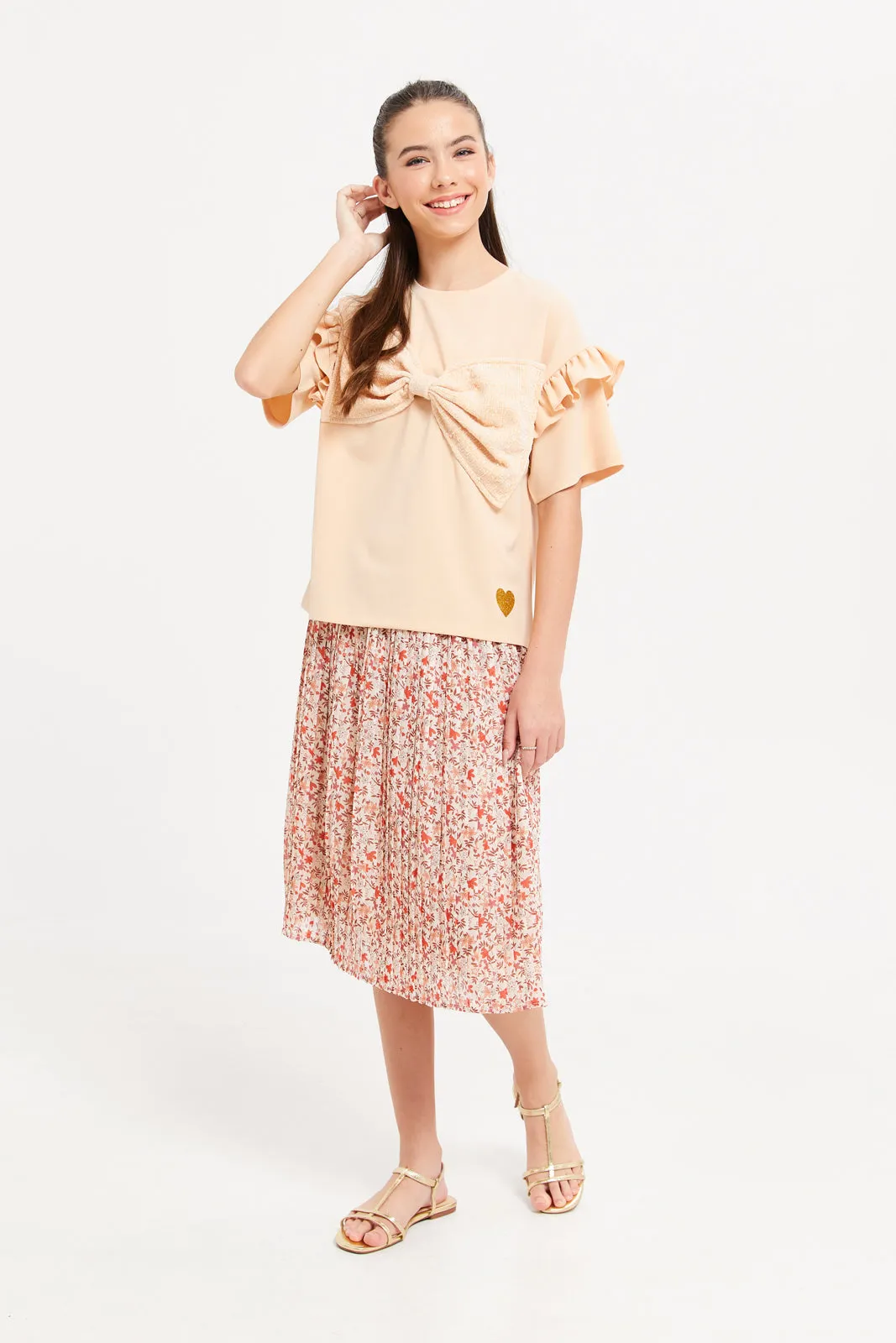 Senior Girls Beige Ruffled Bow Top