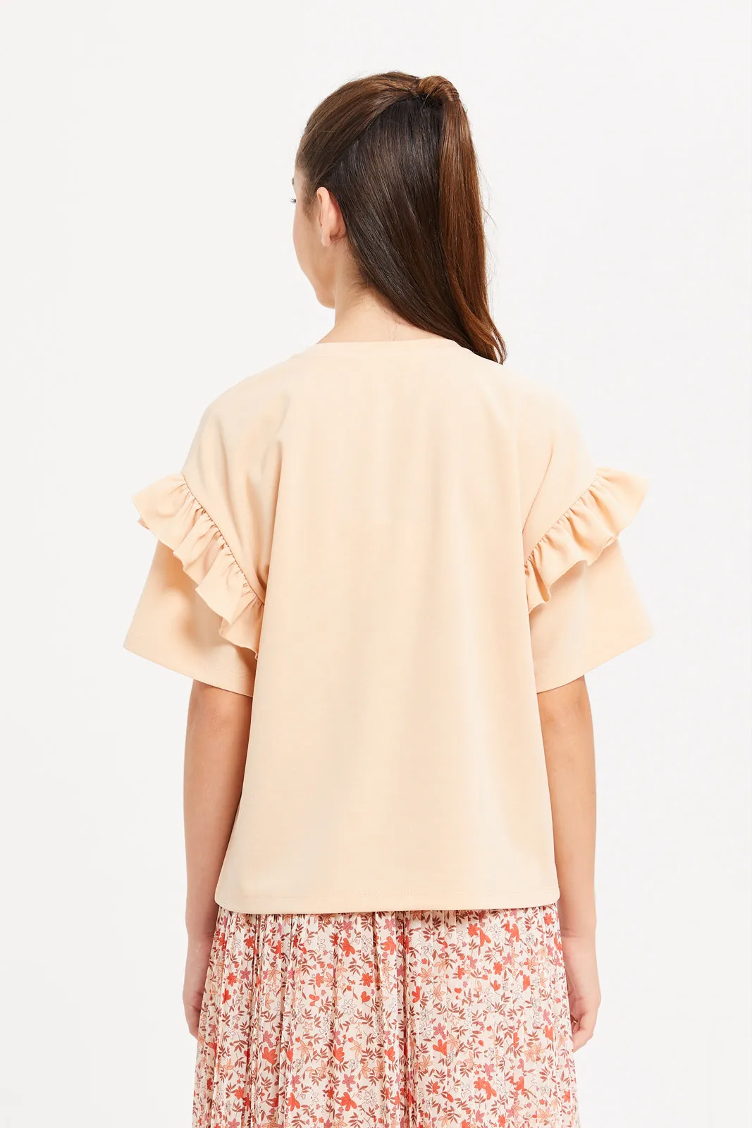 Senior Girls Beige Ruffled Bow Top