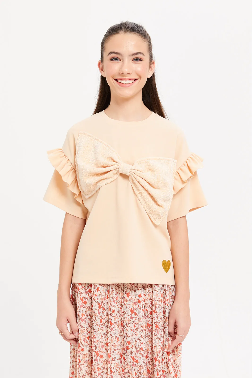 Senior Girls Beige Ruffled Bow Top