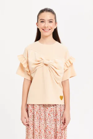 Senior Girls Beige Ruffled Bow Top