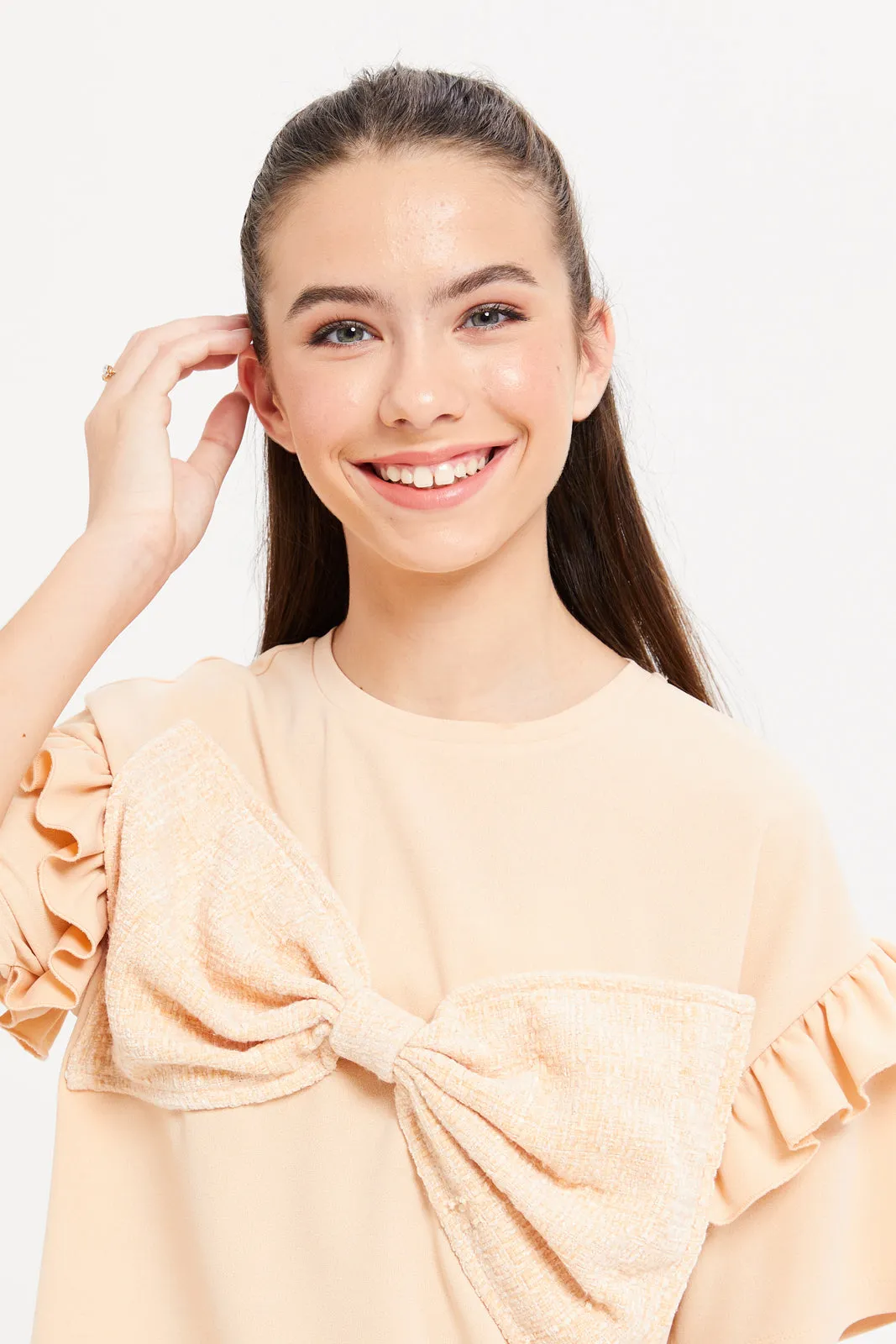 Senior Girls Beige Ruffled Bow Top