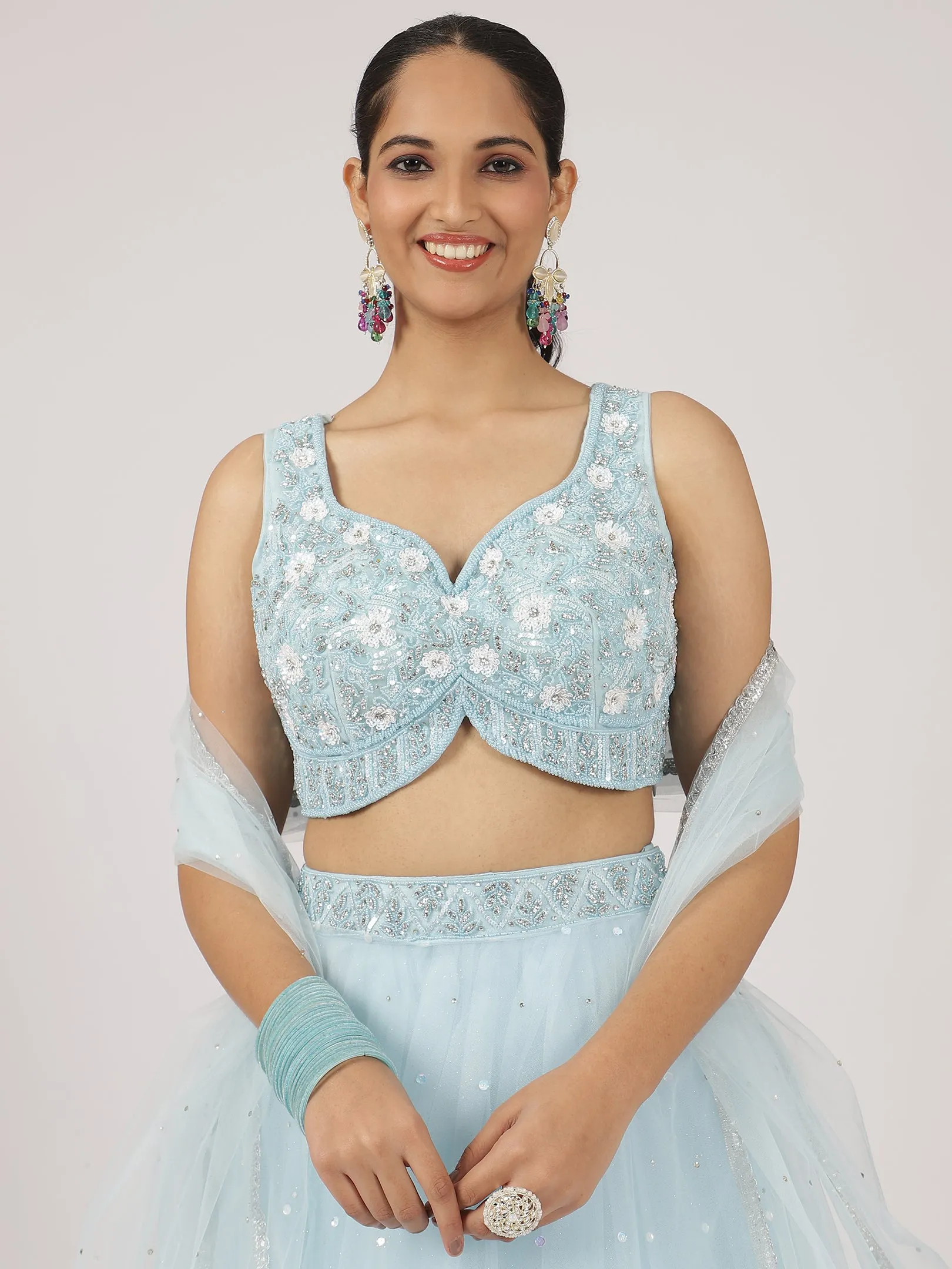 Sky Blue Embroidered Net Lehenga with Sequins & Mirror Work
