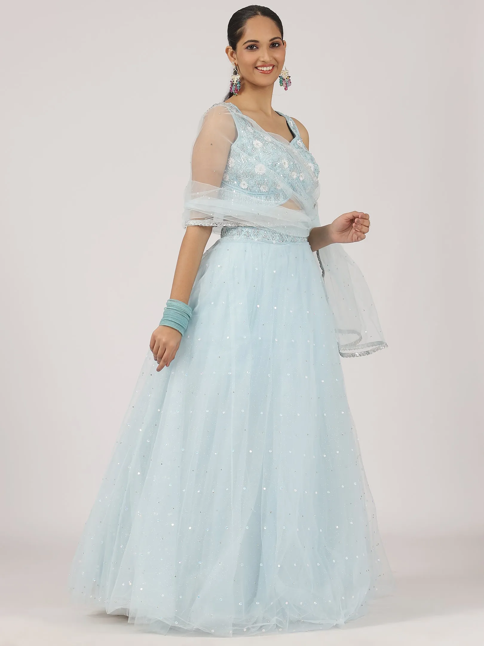Sky Blue Embroidered Net Lehenga with Sequins & Mirror Work