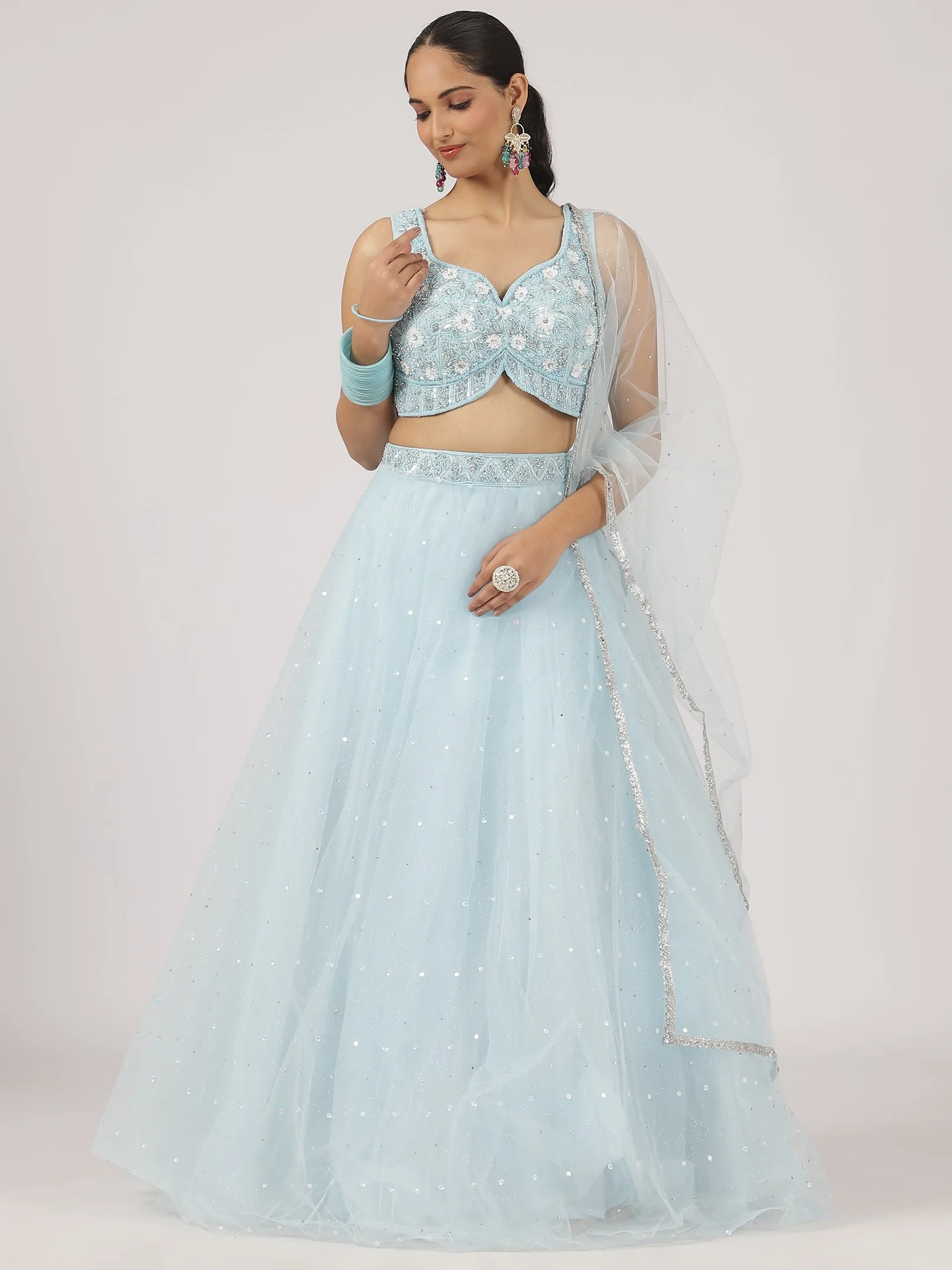 Sky Blue Embroidered Net Lehenga with Sequins & Mirror Work