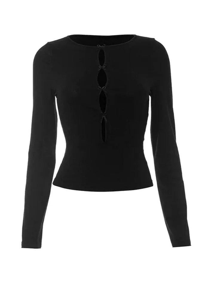 Solid Cutout Bow Decor Long Sleeve Tee