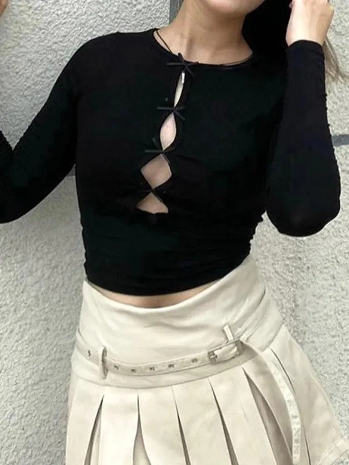 Solid Cutout Bow Decor Long Sleeve Tee