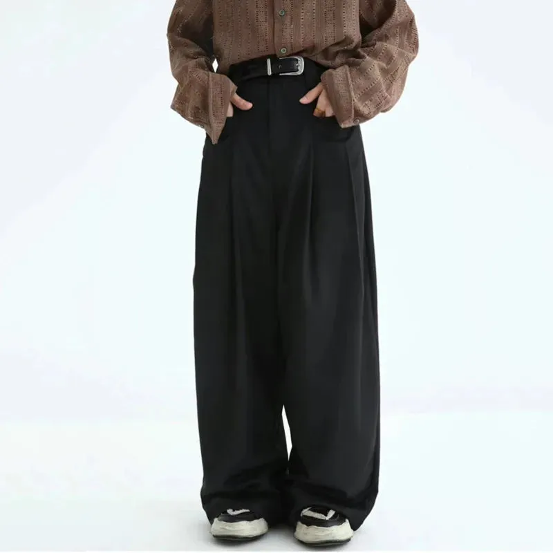 Summer Fold Design Pants Men Loose Straight Wide Leg Solid Color Trousers Casual Bottoms Trendy Male 28W3838