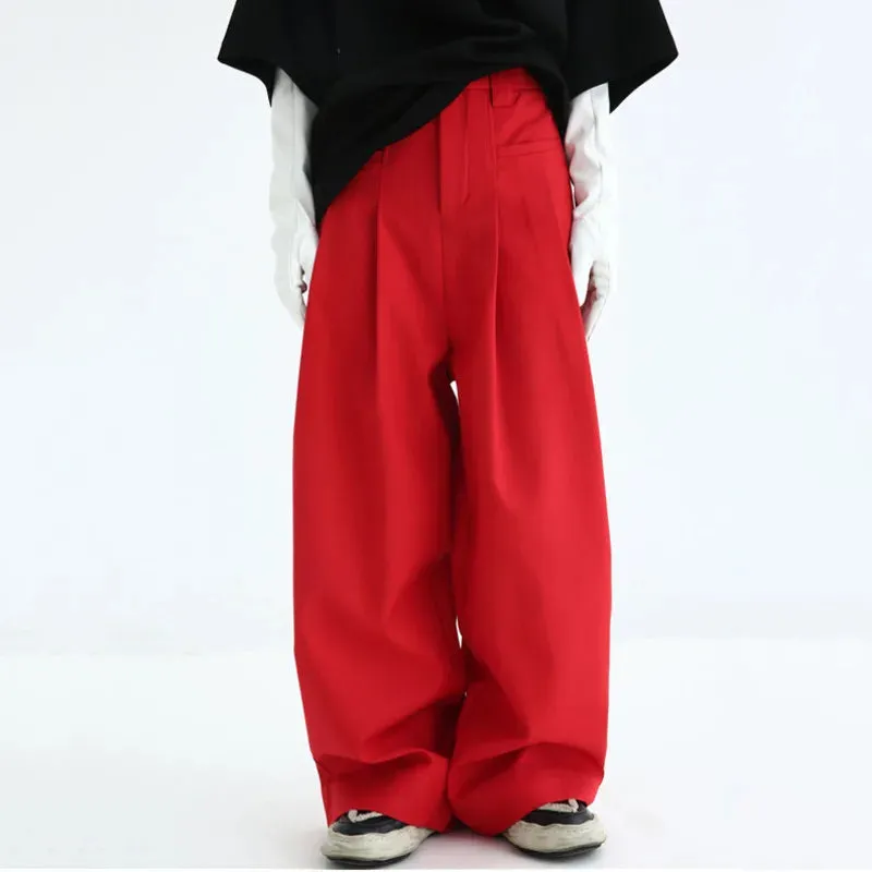 Summer Fold Design Pants Men Loose Straight Wide Leg Solid Color Trousers Casual Bottoms Trendy Male 28W3838
