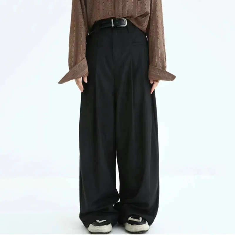 Summer Fold Design Pants Men Loose Straight Wide Leg Solid Color Trousers Casual Bottoms Trendy Male 28W3838