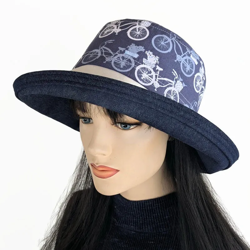 Sunblocker UV summer sun hat with wide brim,  beautiful bikes in blues, adjustable fit