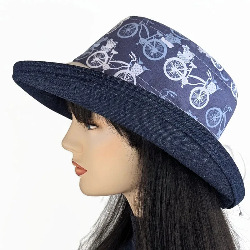 Sunblocker UV summer sun hat with wide brim,  beautiful bikes in blues, adjustable fit