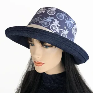 Sunblocker UV summer sun hat with wide brim,  beautiful bikes in blues, adjustable fit