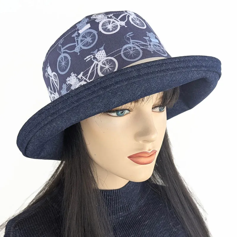 Sunblocker UV summer sun hat with wide brim,  beautiful bikes in blues, adjustable fit