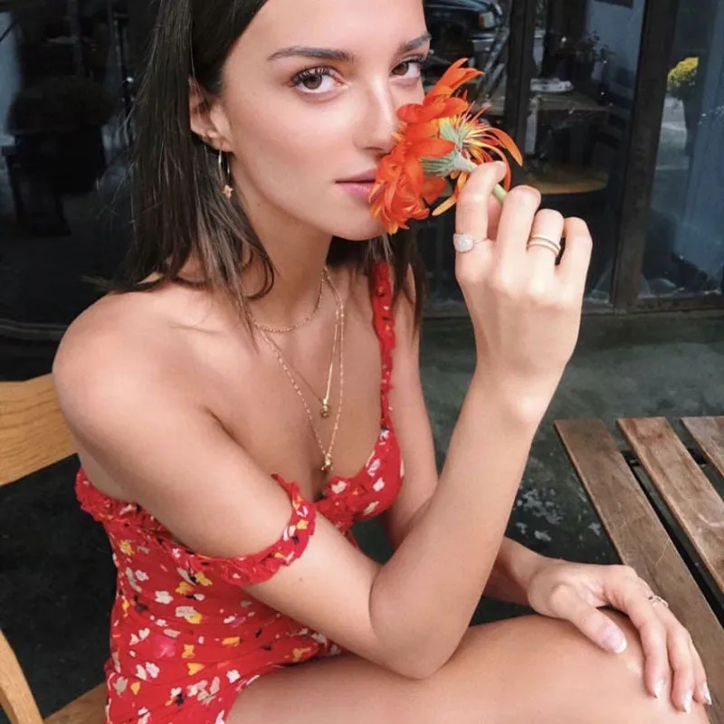VenusFox Sexy Ruffles Floral Print Summer Dress Strap Bohemian Beach Vintage Red