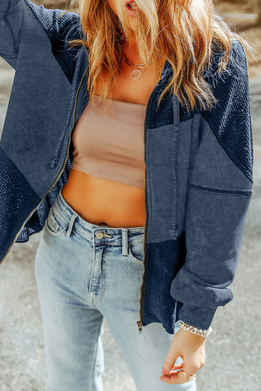 Waffle Patchwork Washed Hooded Jacket