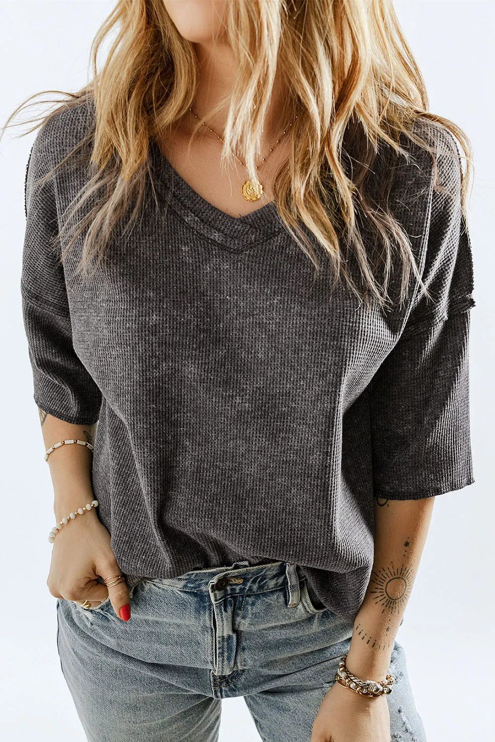 Waffle Reverse Seam V-Neck Top