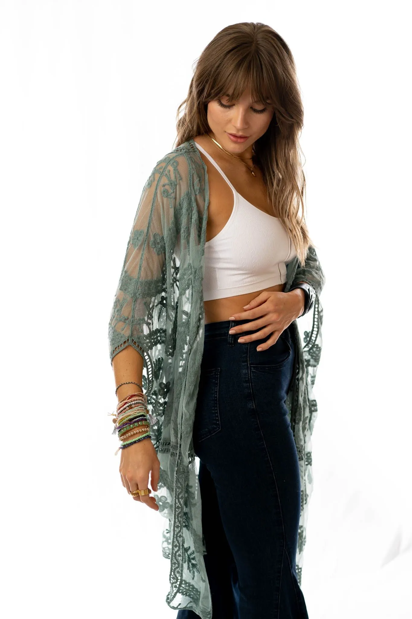 Whimsy   Lace Kimono - Sage