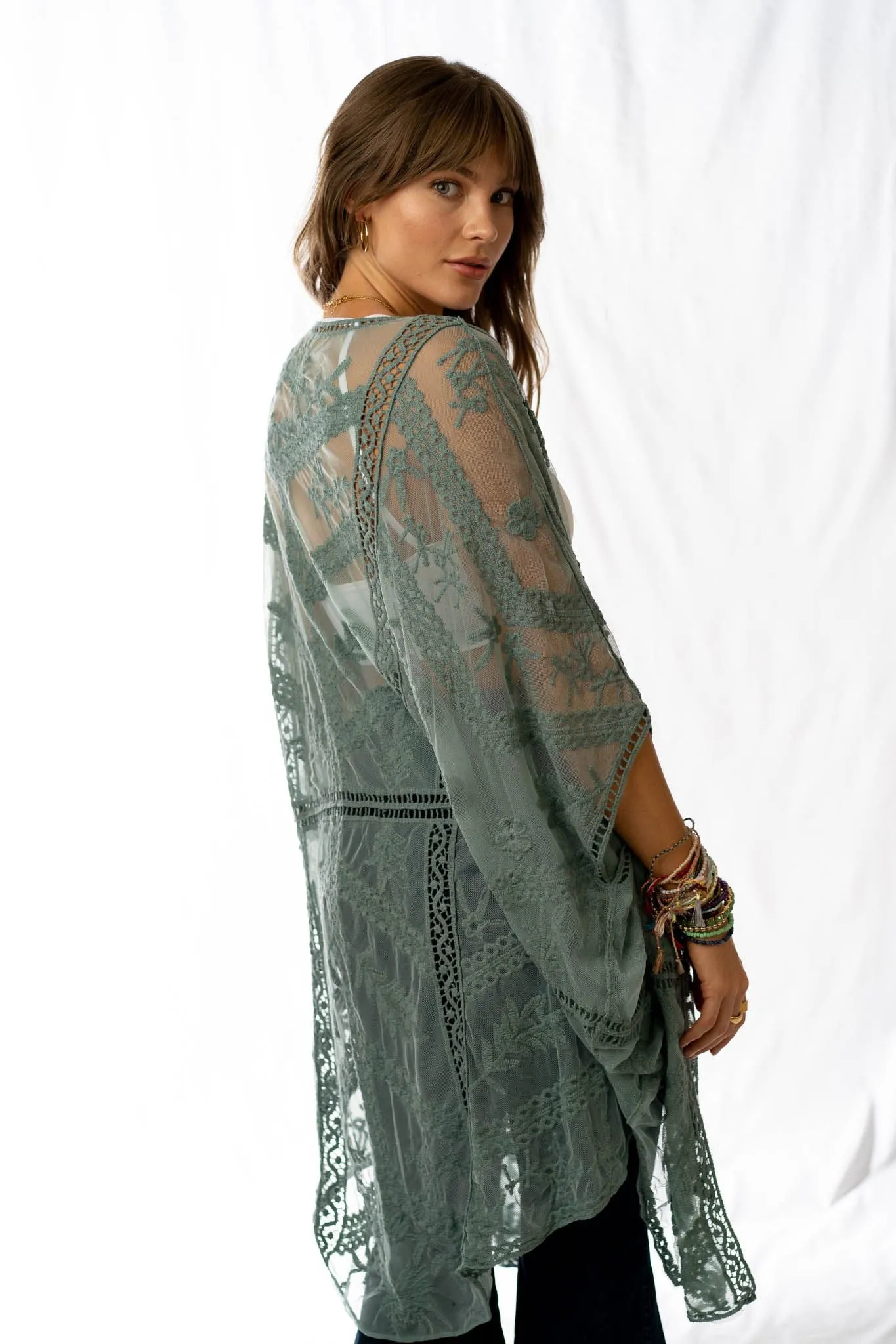 Whimsy   Lace Kimono - Sage
