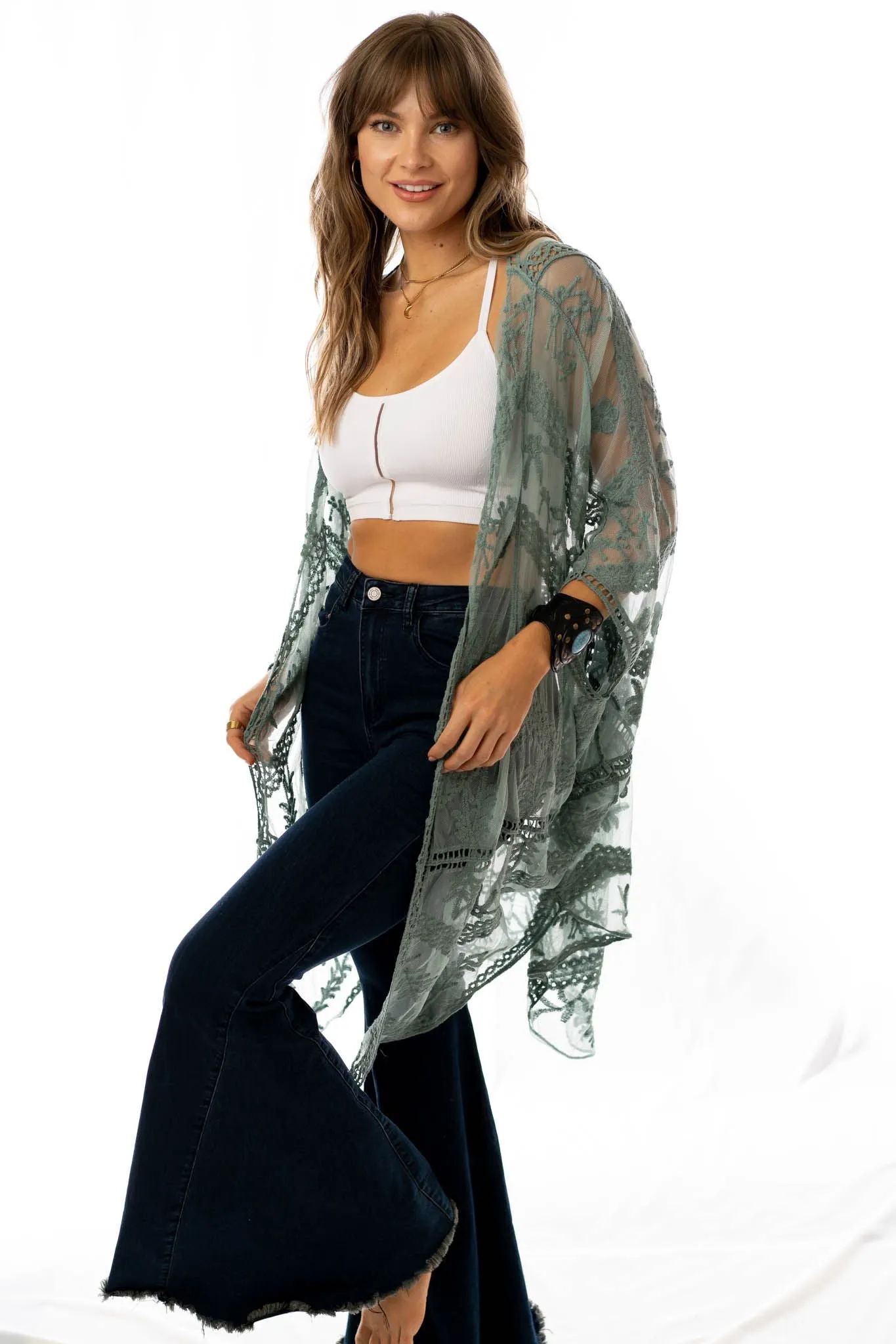 Whimsy   Lace Kimono - Sage